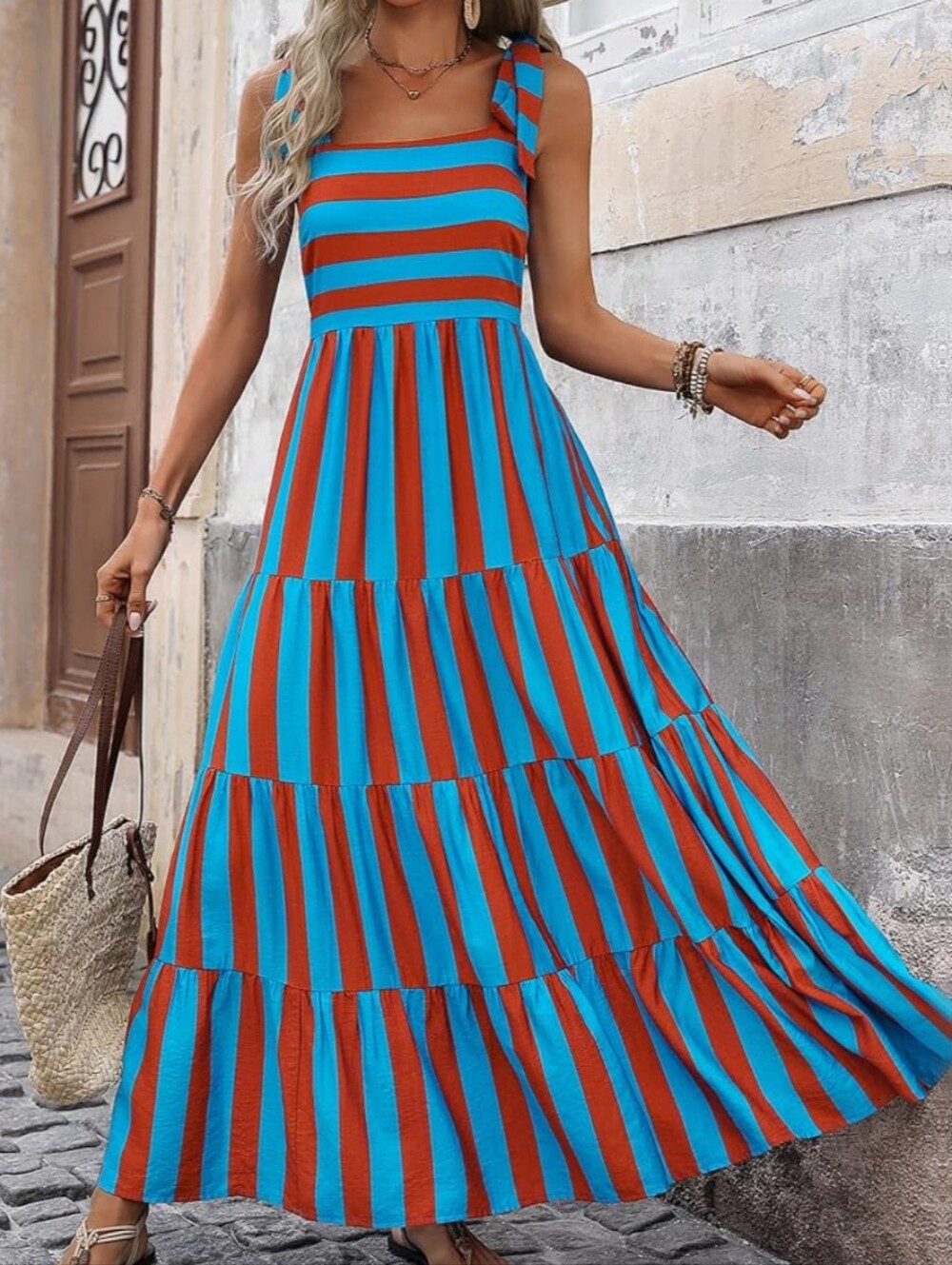 Blue & Brown Striped Maxi Dress with Tie Shoulder